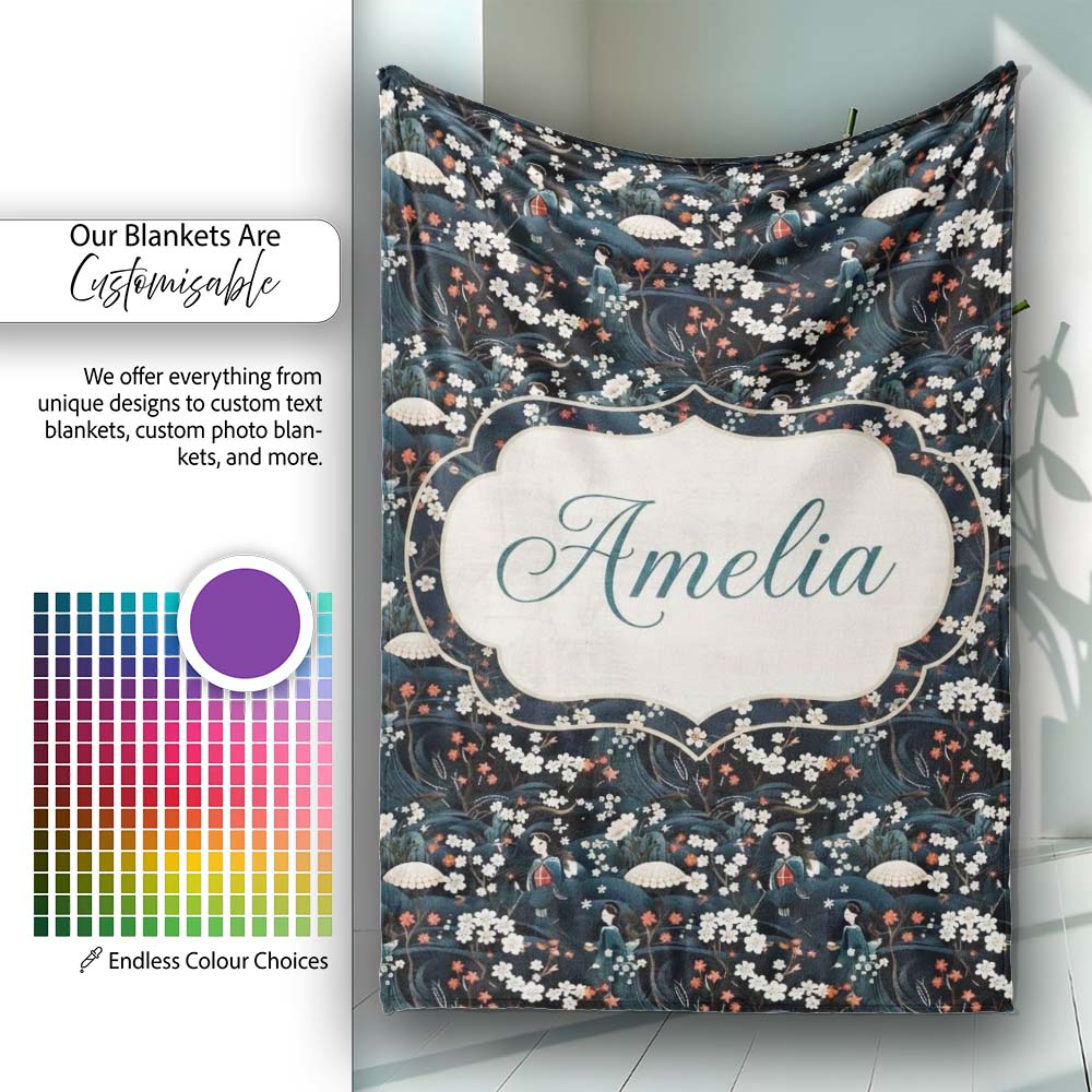 Elegant Japanese Women Floral Night Garden Seamless Pattern Name  Personalised Custom Name Super Soft Fleece Blanket Bed Sofa Throw