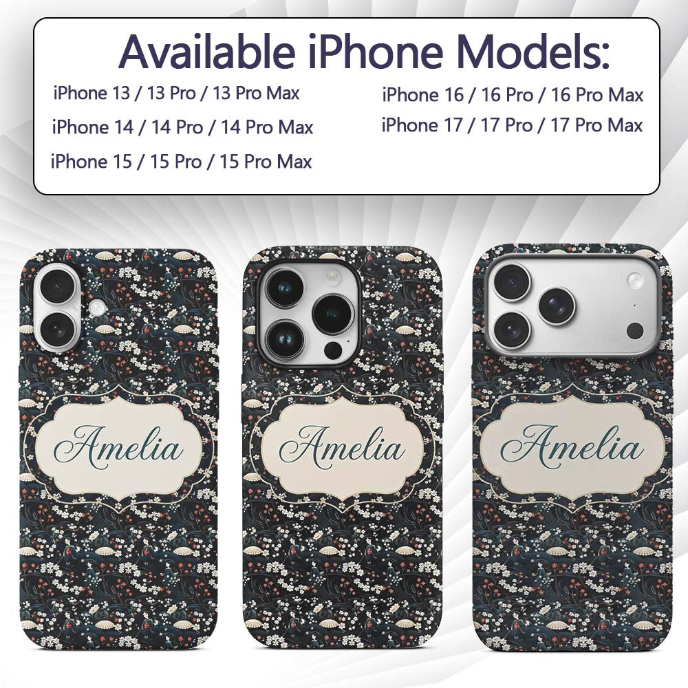 Elegant Japanese Women Floral Printed Design Custom Name Protective Phone Case Mobile Cover Durable Everyday Smartphone Shock Resistant