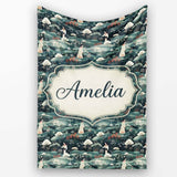 Traditional Asian Women Scenic Floral Landscape Seamless Pattern  Personalised Custom Name Super Soft Fleece Blanket Bed Sofa Throw