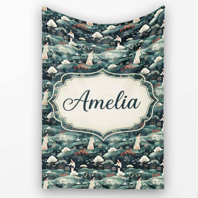 Traditional Asian Women Scenic Floral Landscape Seamless Pattern  Personalised Custom Name Super Soft Fleece Blanket Bed Sofa Throw