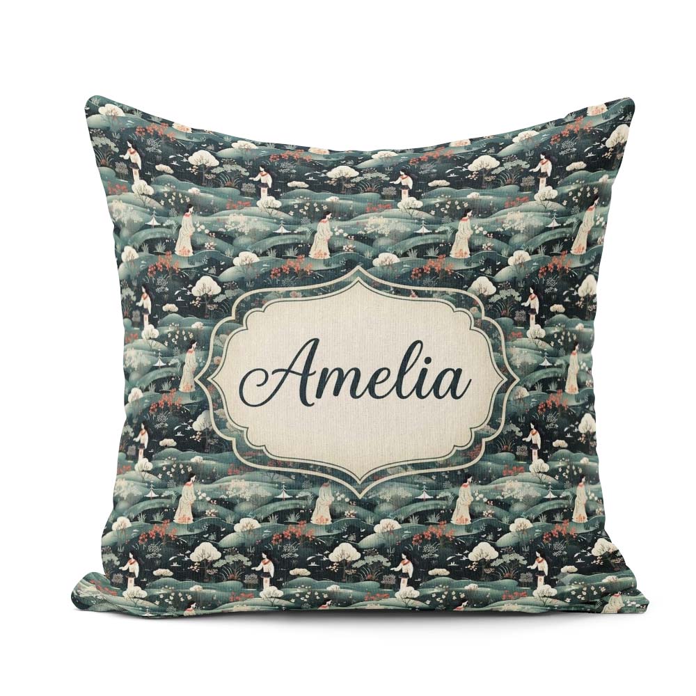 Custom Name Asian Women Scenic Floral Landscape Seamless Pattern Square Filled Cushion Throw Pillow Sofa Bed Home Decor Zip Washable UK Made