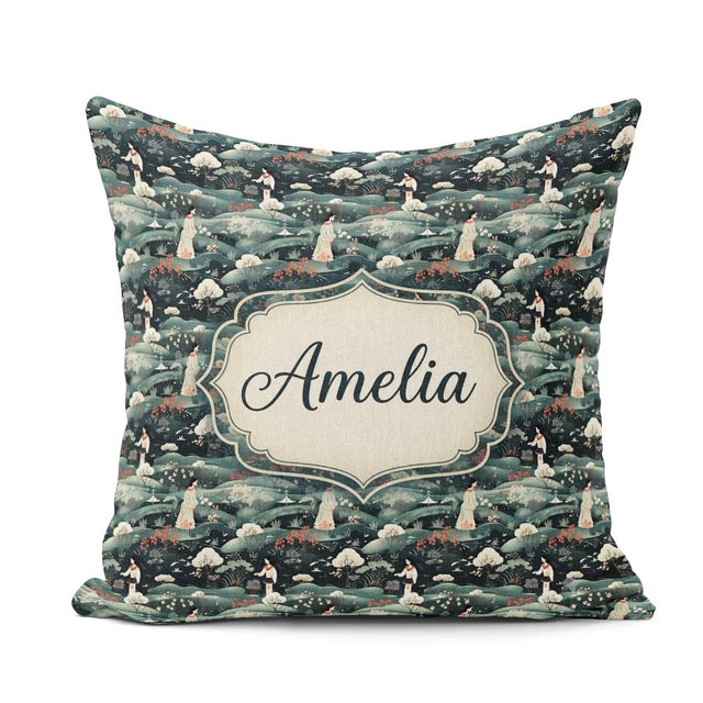 Custom Name Asian Women Scenic Floral Landscape Seamless Pattern Square Filled Cushion Throw Pillow Sofa Bed Home Decor Zip Washable UK Made