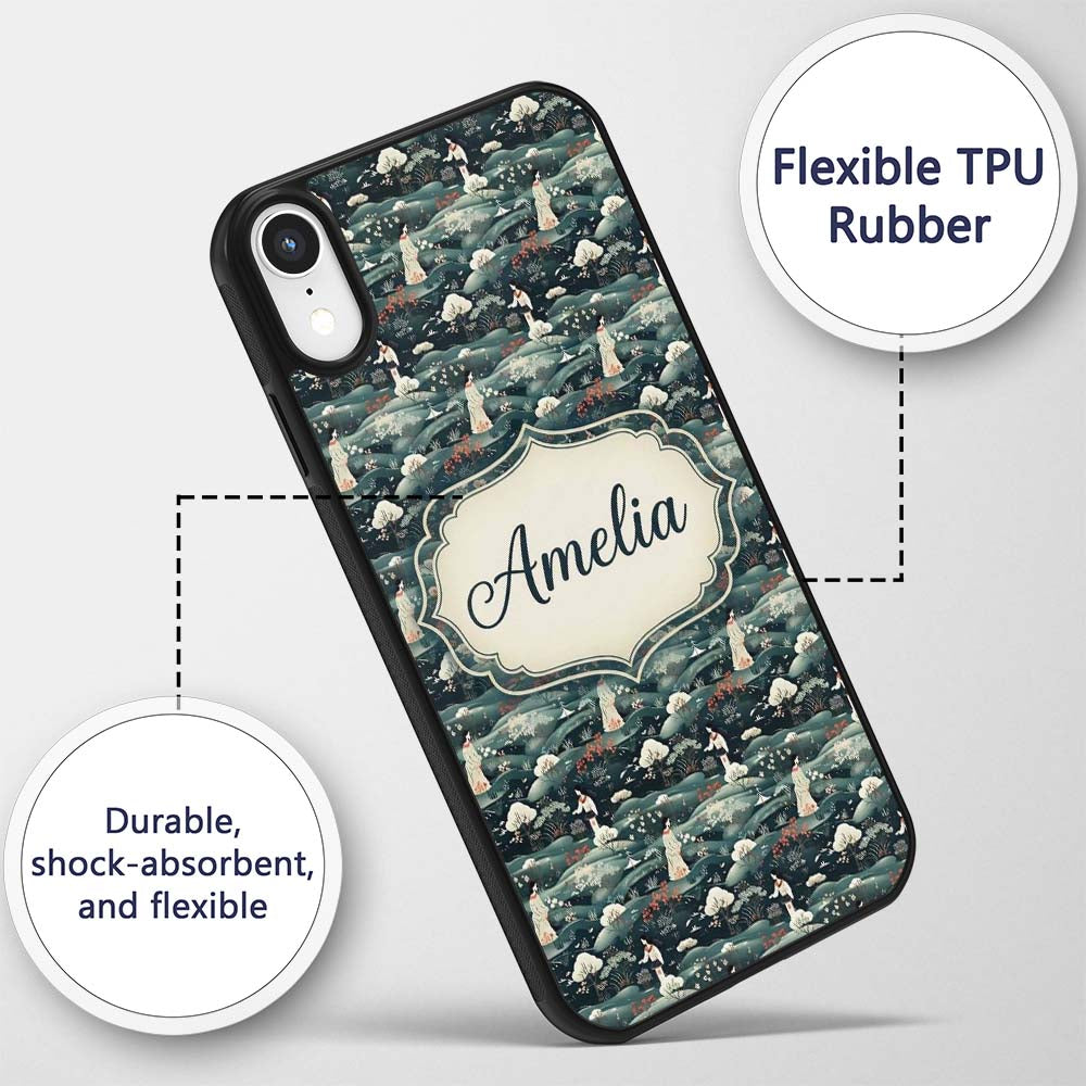 Traditional Asian Women Scenic Floral Landscape Custom Name Protective Phone Case Mobile Cover Durable Everyday Smartphone Shock Resistant
