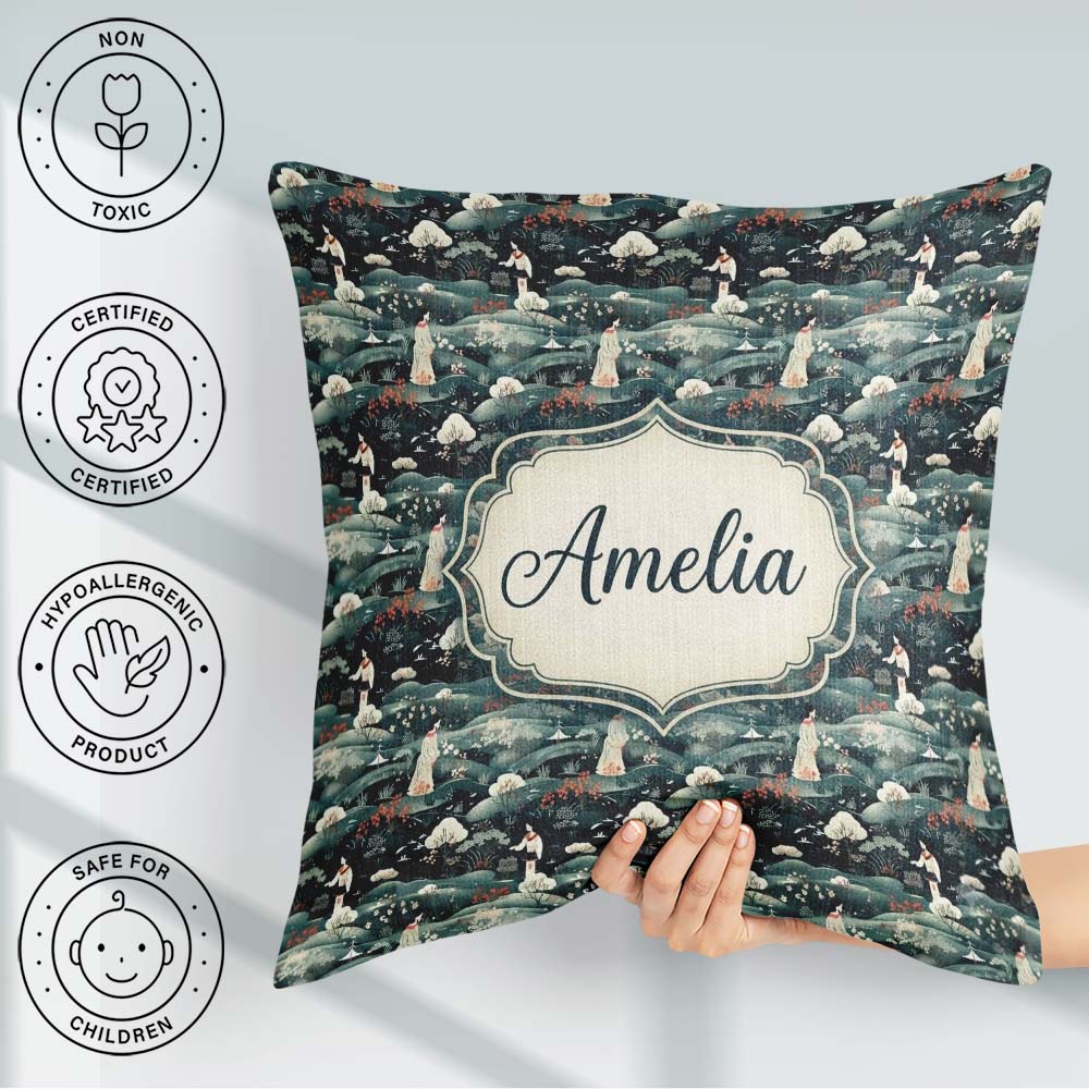 Custom Name Asian Women Scenic Floral Landscape Seamless Pattern Square Filled Cushion Throw Pillow Sofa Bed Home Decor Zip Washable UK Made