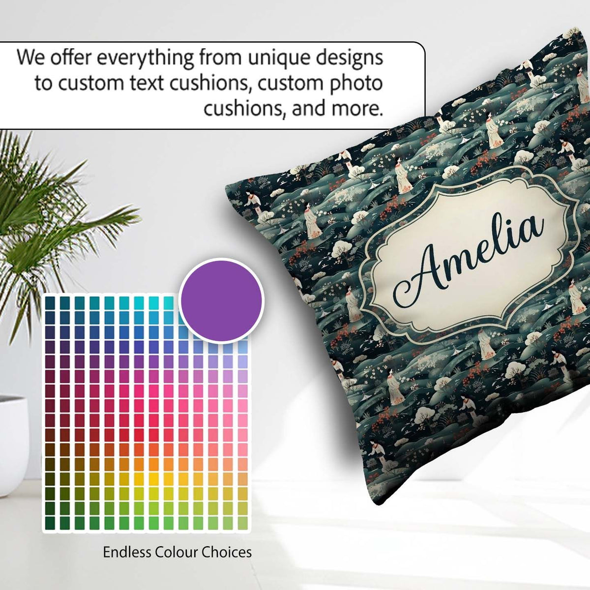 Custom Name Asian Women Scenic Floral Landscape Seamless Pattern Square Filled Cushion Throw Pillow Sofa Bed Home Decor Zip Washable UK Made