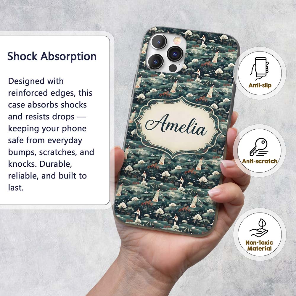 Traditional Asian Women Scenic Floral Landscape Custom Name Protective Phone Case Mobile Cover Durable Everyday Smartphone Shock Resistant
