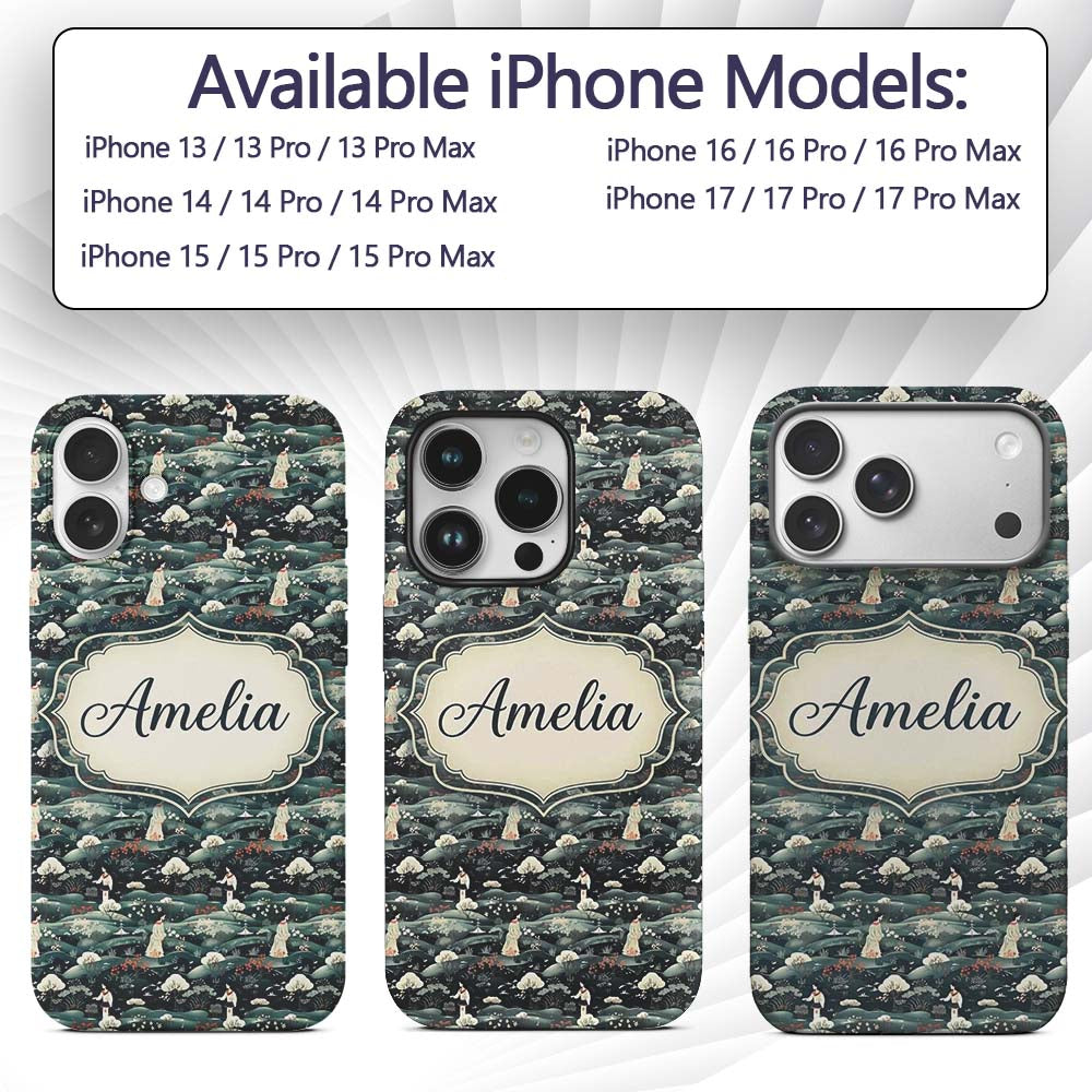 Traditional Asian Women Scenic Floral Landscape Custom Name Protective Phone Case Mobile Cover Durable Everyday Smartphone Shock Resistant
