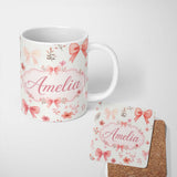 Personalized Custom Name Watercolor Pink Bow Ribbon Cute Floral Seamless Pattern Name Unique 11oz Ceramic Coffee Tea Mug White Large Handle