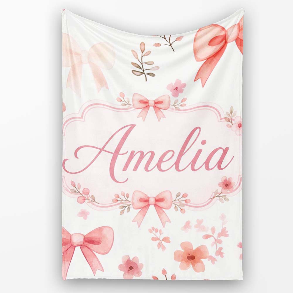 Watercolor Pink Bow Ribbon Cute Floral Seamless Pattern Name Unique  Personalised Custom Name Super Soft Fleece Blanket Bed Sofa Throw
