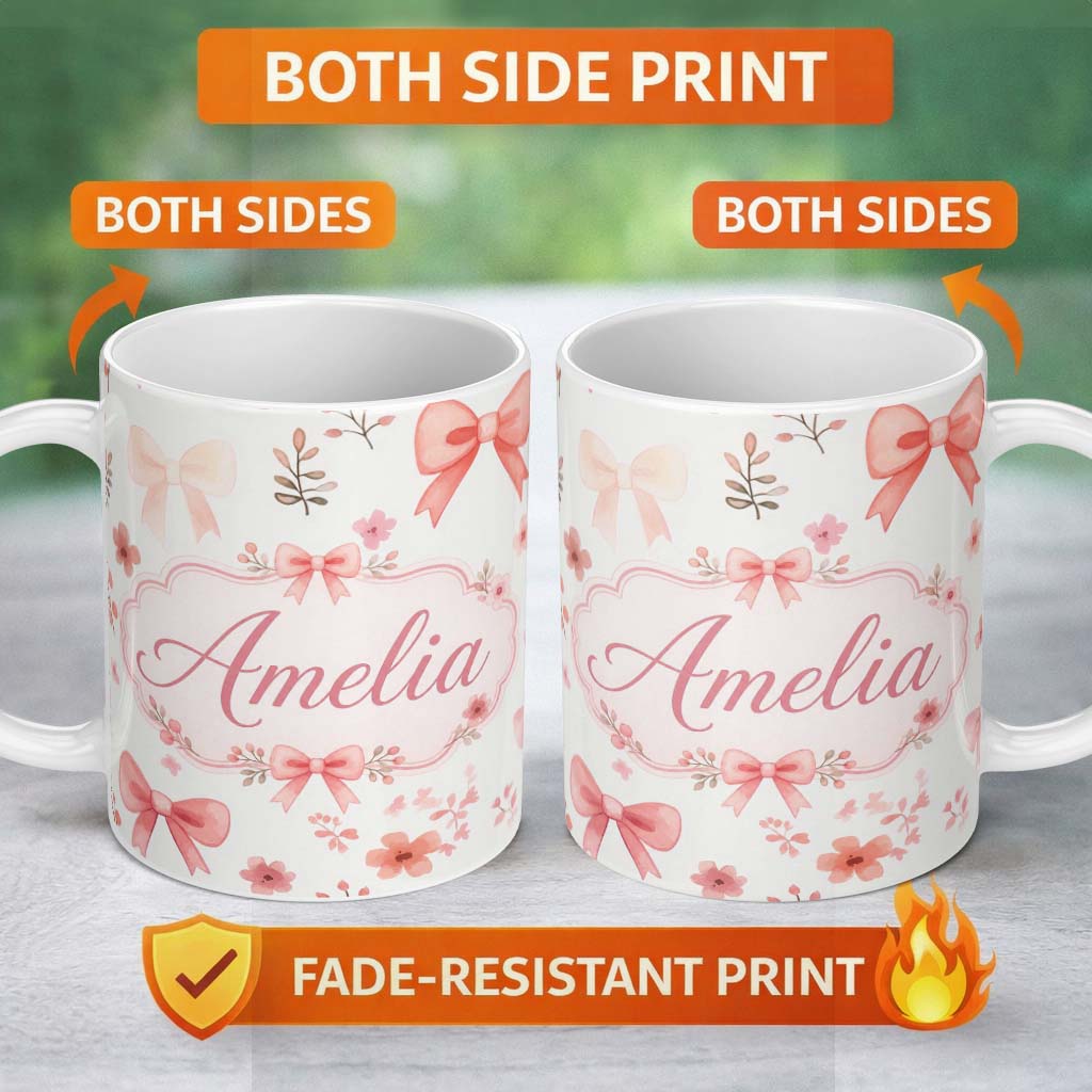 Personalized Custom Name Watercolor Pink Bow Ribbon Cute Floral Seamless Pattern Name Unique 11oz Ceramic Coffee Tea Mug White Large Handle