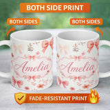 Personalized Custom Name Watercolor Pink Bow Ribbon Cute Floral Seamless Pattern Name Unique 11oz Ceramic Coffee Tea Mug White Large Handle