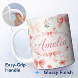 Personalized Custom Name Watercolor Pink Bow Ribbon Cute Floral Seamless Pattern Name Unique 11oz Ceramic Coffee Tea Mug White Large Handle