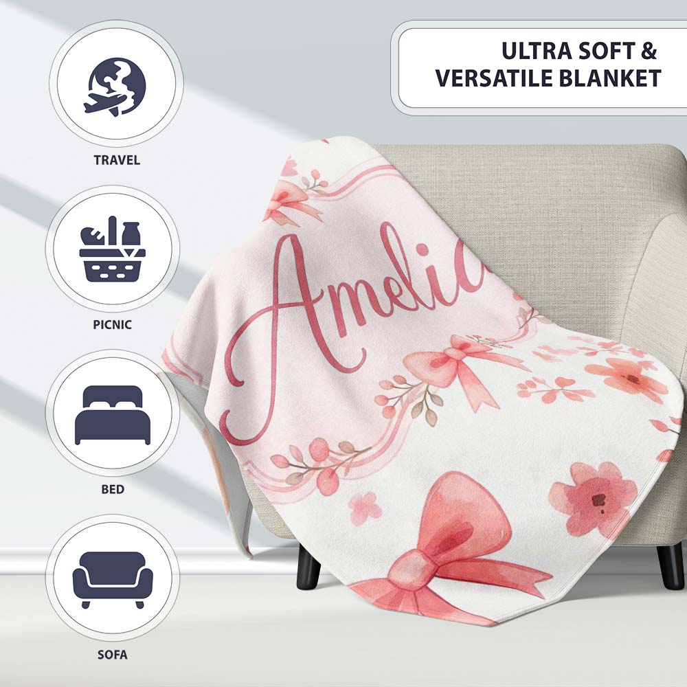 Watercolor Pink Bow Ribbon Cute Floral Seamless Pattern Name Unique  Personalised Custom Name Super Soft Fleece Blanket Bed Sofa Throw