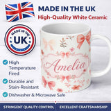 Personalized Custom Name Watercolor Pink Bow Ribbon Cute Floral Seamless Pattern Name Unique 11oz Ceramic Coffee Tea Mug White Large Handle