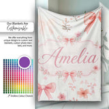 Watercolor Pink Bow Ribbon Cute Floral Seamless Pattern Name Unique  Personalised Custom Name Super Soft Fleece Blanket Bed Sofa Throw