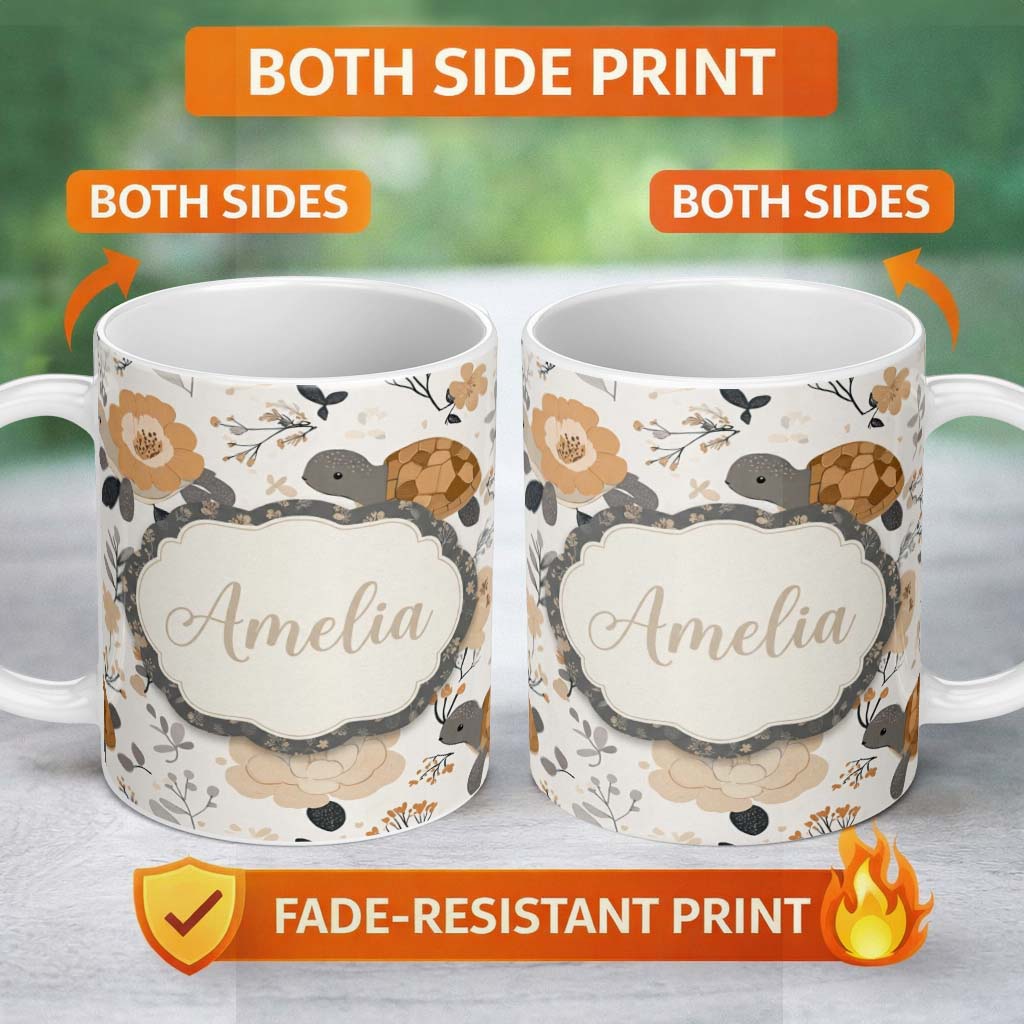 Personalized Custom Name Cute Turtle Floral Neutral Boho Seamless Pattern Name Unique Gift 11oz Ceramic Coffee Tea Mug White Large Handle