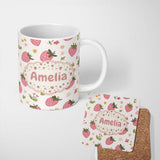 Personalized Custom Name Sweet Strawberry Floral Cute Seamless Pattern Name Unique Gift 11oz Ceramic Coffee Tea Mug White Large Handle