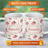Personalized Custom Name Sweet Strawberry Floral Cute Seamless Pattern Name Unique Gift 11oz Ceramic Coffee Tea Mug White Large Handle