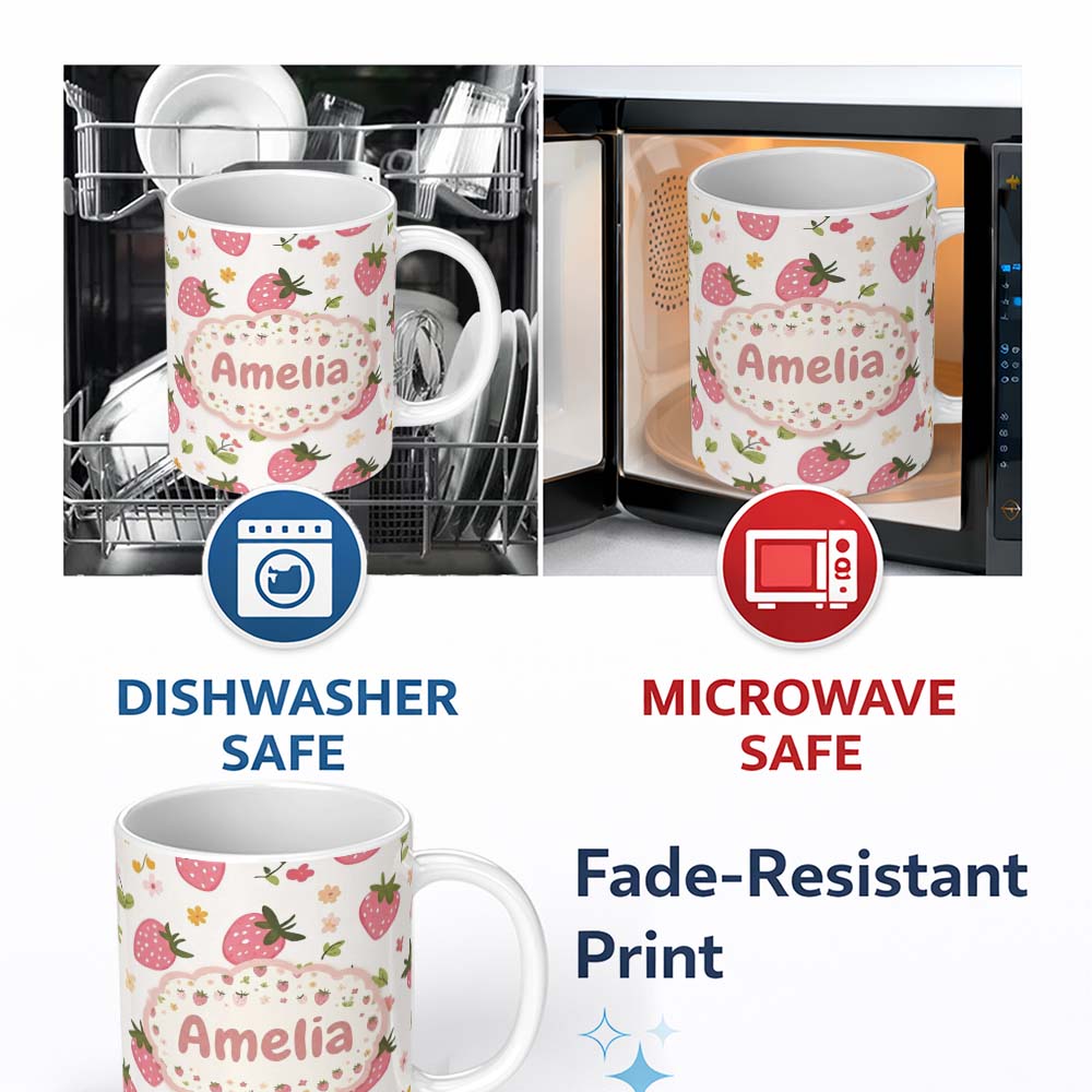 Personalized Custom Name Sweet Strawberry Floral Cute Seamless Pattern Name Unique Gift 11oz Ceramic Coffee Tea Mug White Large Handle