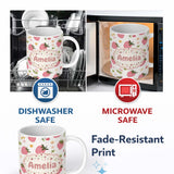 Personalized Custom Name Sweet Strawberry Floral Cute Seamless Pattern Name Unique Gift 11oz Ceramic Coffee Tea Mug White Large Handle