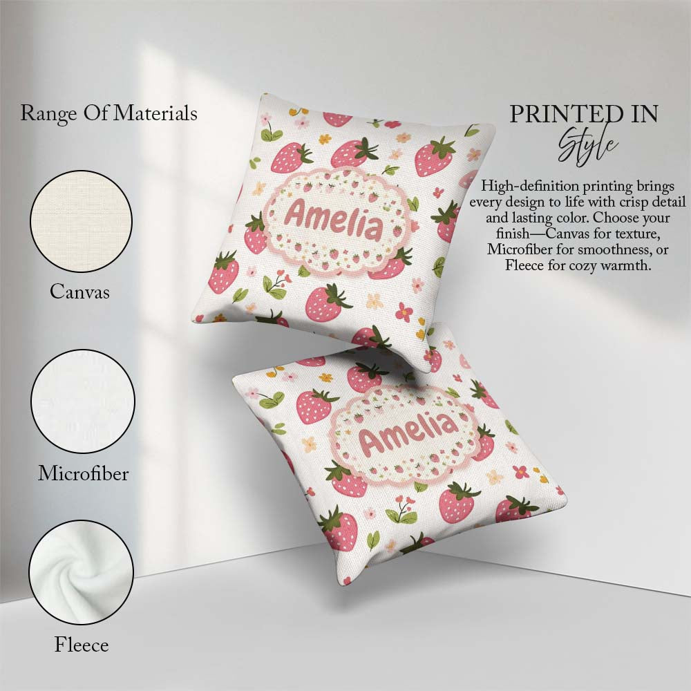 Custom Name Sweet Strawberry Floral Cute Seamless Pattern Name Square Filled Cushion Throw Pillow Sofa Bed Home Decor Zip Washable UK Made