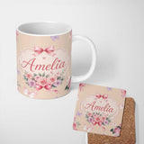 Personalized Custom Name Elegant Watercolor Rose Bouquet Ribbon Butterfly Warm Beige Lovely 11oz Ceramic Coffee Tea Mug White Large Handle