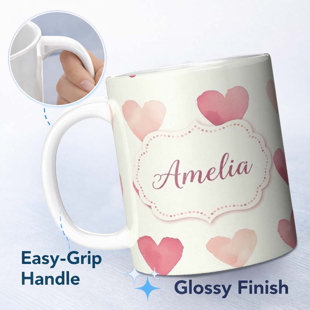 Personalized Custom Name Soft Watercolor Pink Hearts Minimal Seamless Pattern Name Cute 11oz Ceramic Coffee Tea Mug White Large Handle
