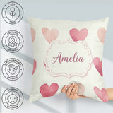 Custom Name Soft Pink Hearts Minimal Seamless Pattern Name Cute Square Filled Cushion Throw Pillow Sofa Bed Home Decor Zip Washable UK Made