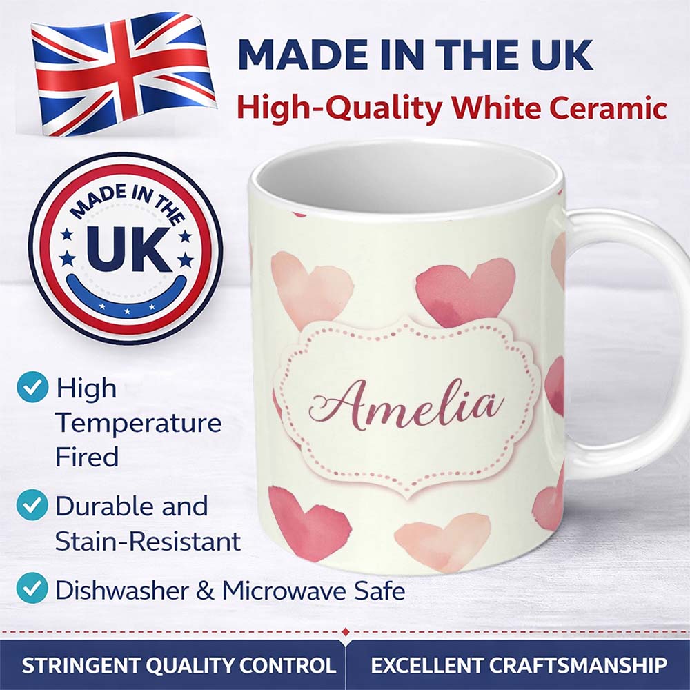 Personalized Custom Name Soft Watercolor Pink Hearts Minimal Seamless Pattern Name Cute 11oz Ceramic Coffee Tea Mug White Large Handle