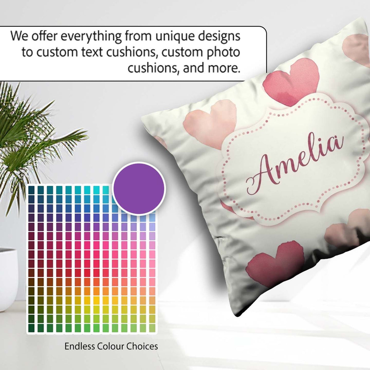 Custom Name Soft Pink Hearts Minimal Seamless Pattern Name Cute Square Filled Cushion Throw Pillow Sofa Bed Home Decor Zip Washable UK Made