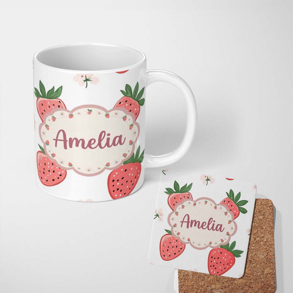 Personalized Custom Name Cute Strawberry Floral Pastel Seamless Pattern Name Unique Gift 11oz Ceramic Coffee Tea Mug White Large Handle
