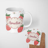 Personalized Custom Name Cute Strawberry Floral Pastel Seamless Pattern Name Unique Gift 11oz Ceramic Coffee Tea Mug White Large Handle