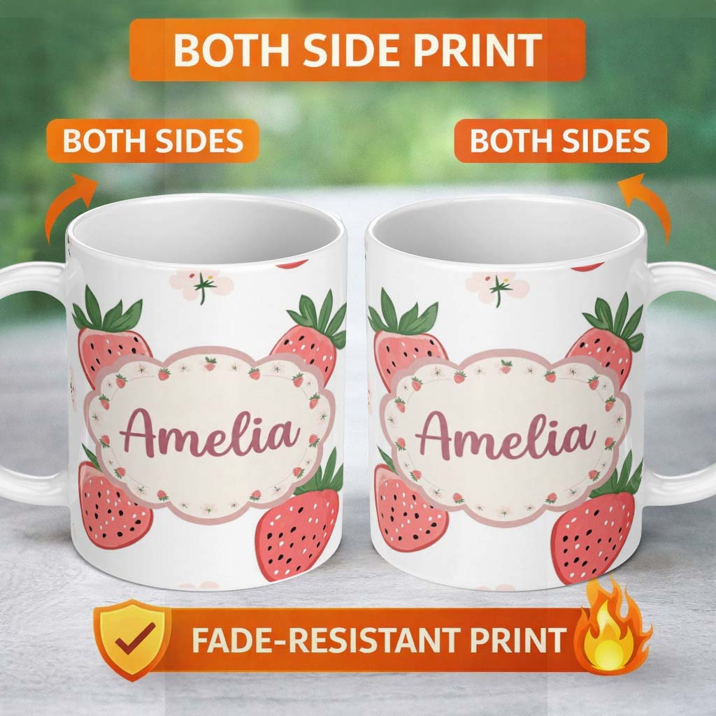 Personalized Custom Name Cute Strawberry Floral Pastel Seamless Pattern Name Unique Gift 11oz Ceramic Coffee Tea Mug White Large Handle