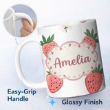 Personalized Custom Name Cute Strawberry Floral Pastel Seamless Pattern Name Unique Gift 11oz Ceramic Coffee Tea Mug White Large Handle