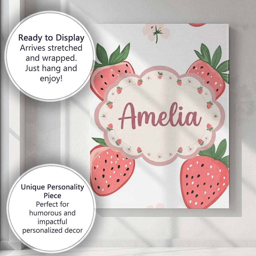 Personalised Name Cute Strawberry Floral Custom  Unique Gift Idea Elegant Feature Canvas Wall Art Print Decor Picture Ready to Hang