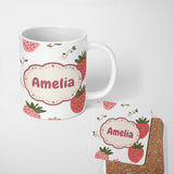 Personalized Custom Name Cute Strawberry Blossom Soft Pastel Seamless Pattern Name Unique 11oz Ceramic Coffee Tea Mug White Large Handle