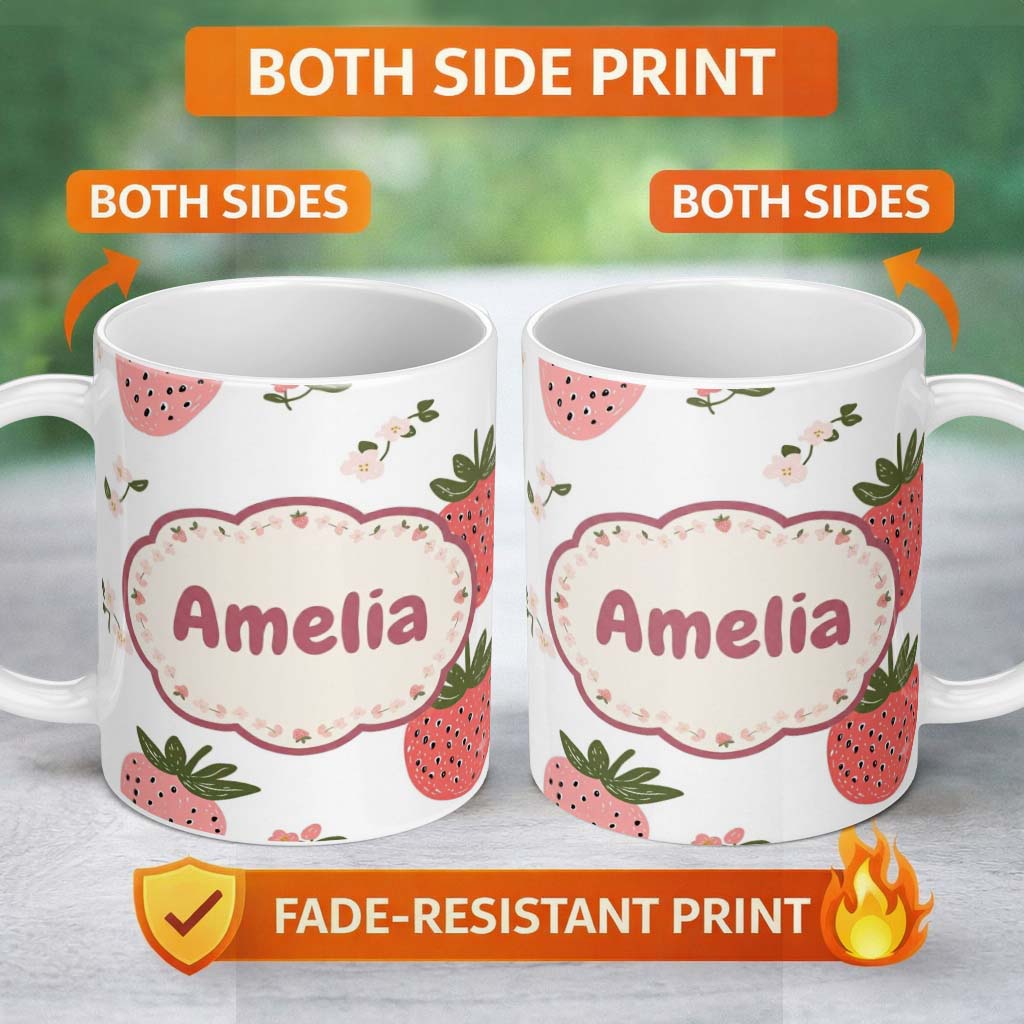 Personalized Custom Name Cute Strawberry Blossom Soft Pastel Seamless Pattern Name Unique 11oz Ceramic Coffee Tea Mug White Large Handle