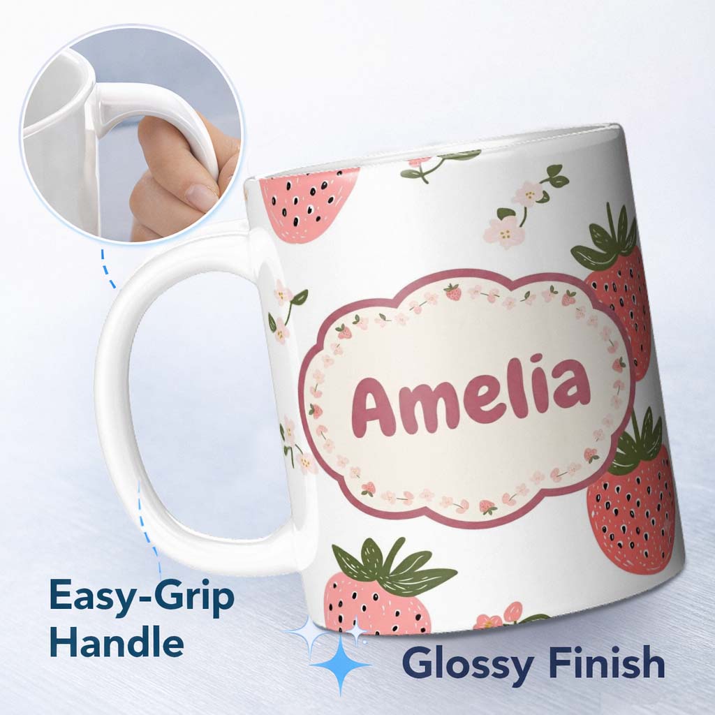 Personalized Custom Name Cute Strawberry Blossom Soft Pastel Seamless Pattern Name Unique 11oz Ceramic Coffee Tea Mug White Large Handle
