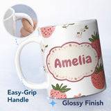 Personalized Custom Name Cute Strawberry Blossom Soft Pastel Seamless Pattern Name Unique 11oz Ceramic Coffee Tea Mug White Large Handle