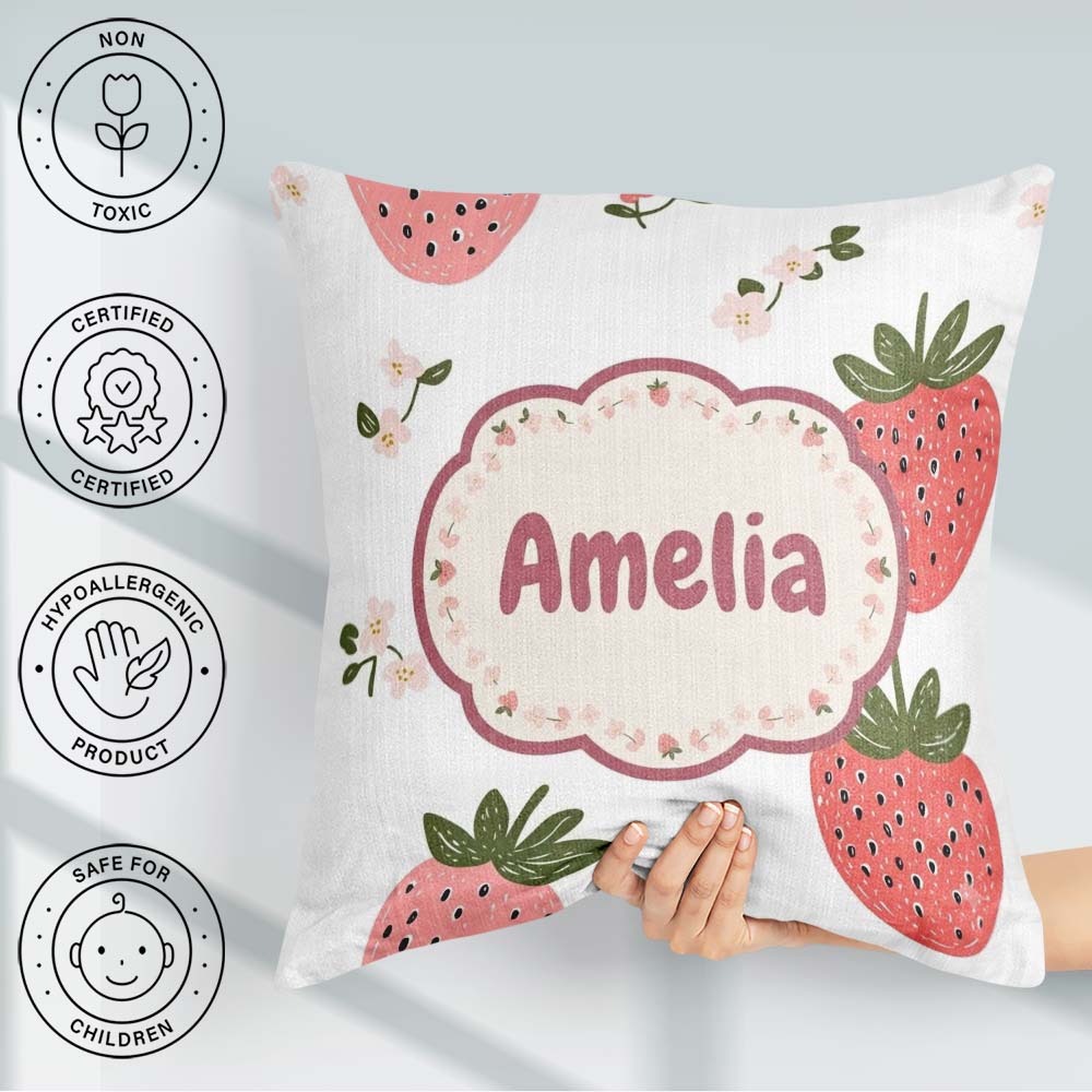 Custom Name Strawberry Blossom Soft Pastel Seamless Pattern Name Square Filled Cushion Throw Pillow Sofa Bed Home Decor Zip Washable UK Made