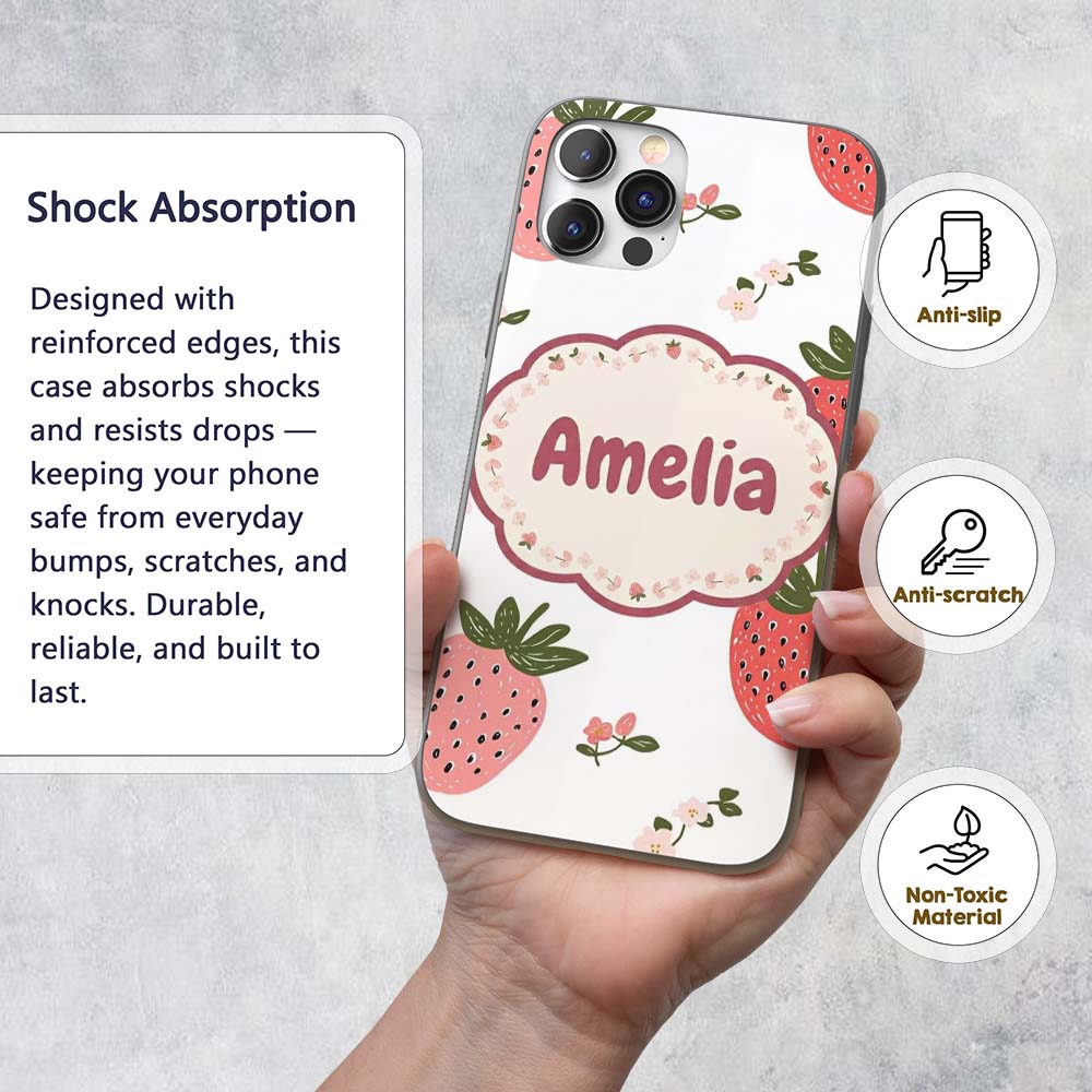 Cute Strawberry Blossom Soft Pastel Seamless Custom Name Protective Phone Case Mobile Cover Durable Everyday Smartphone Shock Resistant