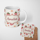 Personalized Custom Name Cute Strawberry Daisy Floral Soft Seamless Pattern Custom Name 11oz Ceramic Coffee Tea Mug White Large Handle