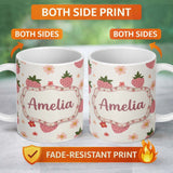 Personalized Custom Name Cute Strawberry Daisy Floral Soft Seamless Pattern Custom Name 11oz Ceramic Coffee Tea Mug White Large Handle