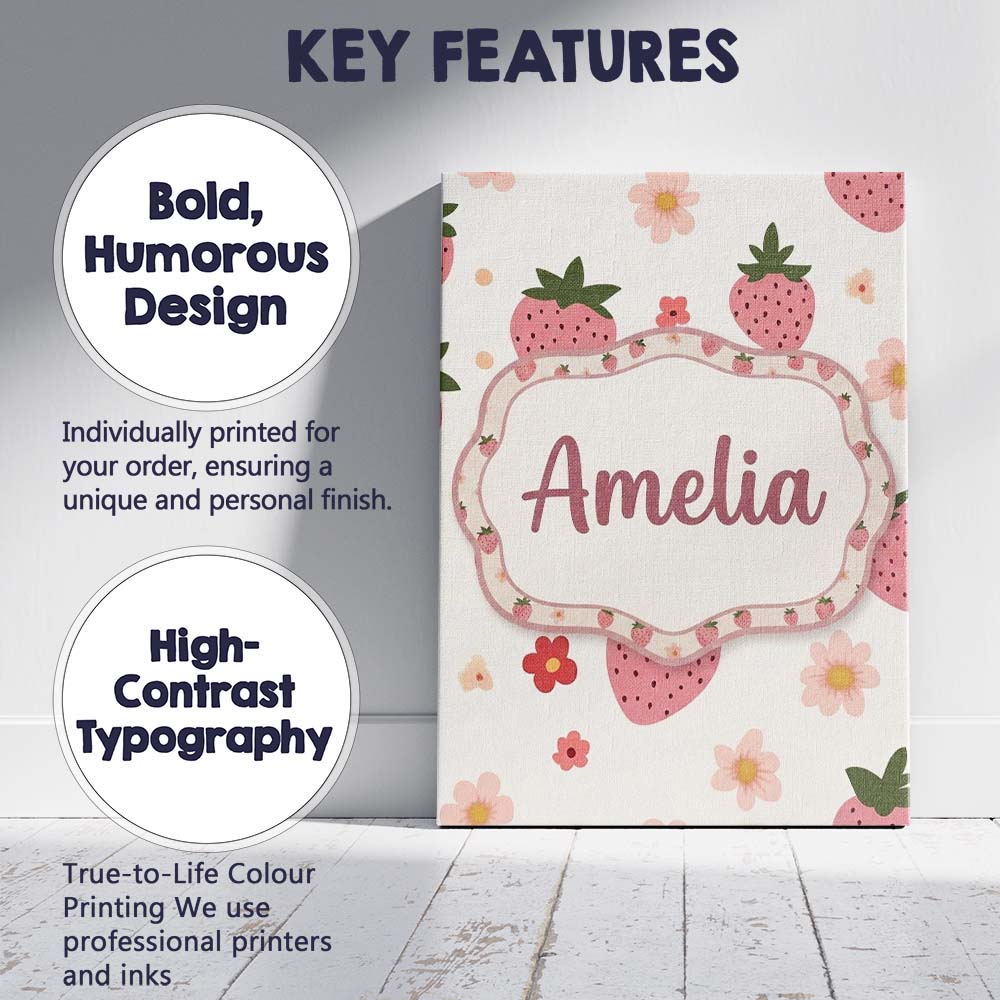 Personalised Name Cute Strawberry Daisy Custom  Modern Room Accent Elegant Feature Canvas Wall Art Print Decor Picture Ready to Hang