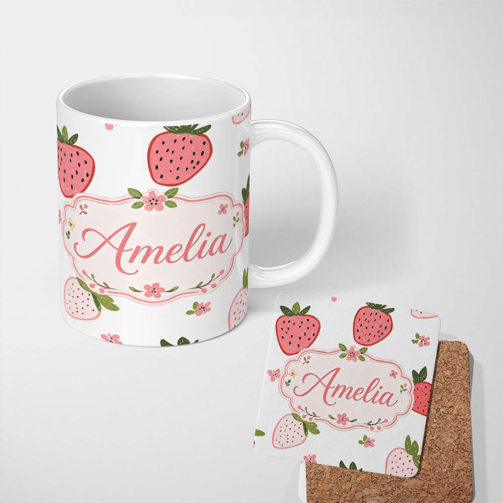 Personalized Custom Name Cute Strawberry Minimal Floral Soft Seamless Pattern Name Unique 11oz Ceramic Coffee Tea Mug White Large Handle