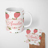 Personalized Custom Name Cute Strawberry Minimal Floral Soft Seamless Pattern Name Unique 11oz Ceramic Coffee Tea Mug White Large Handle
