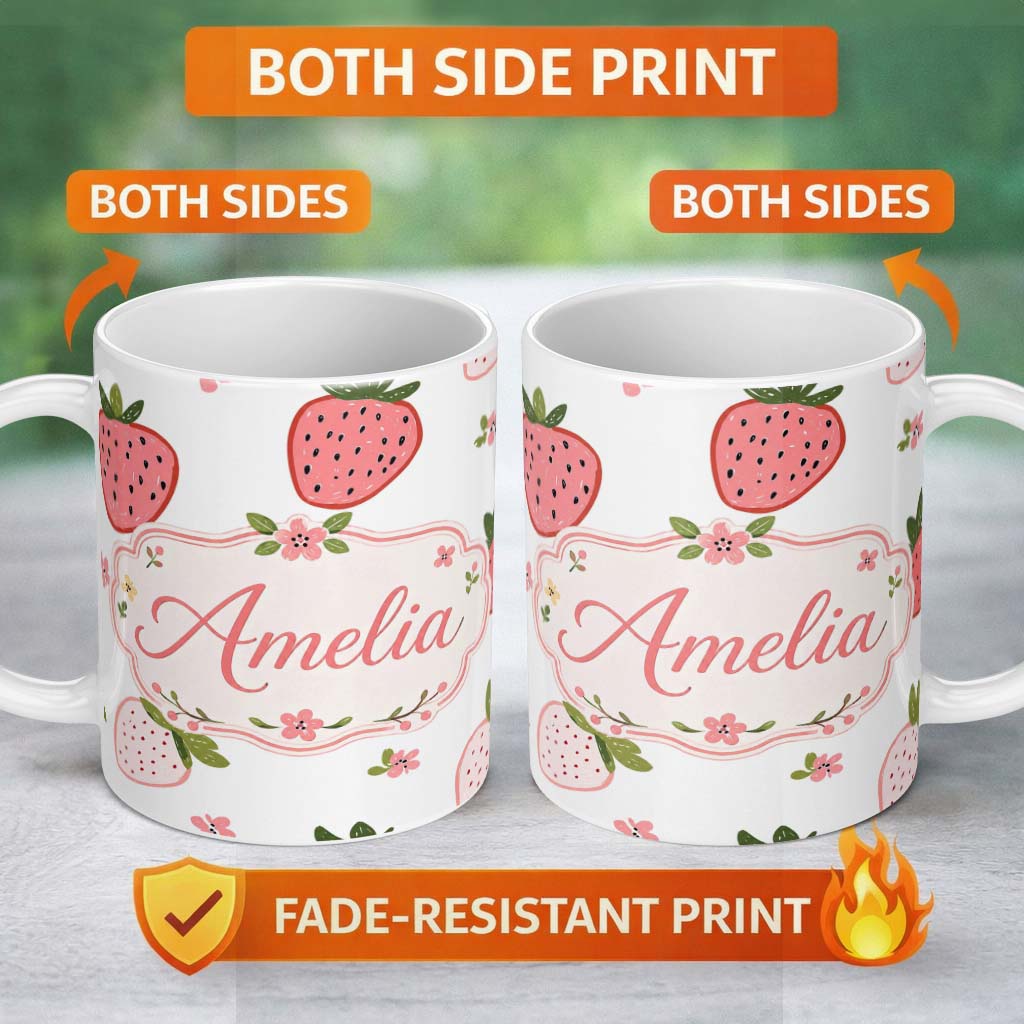 Personalized Custom Name Cute Strawberry Minimal Floral Soft Seamless Pattern Name Unique 11oz Ceramic Coffee Tea Mug White Large Handle