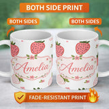 Personalized Custom Name Cute Strawberry Minimal Floral Soft Seamless Pattern Name Unique 11oz Ceramic Coffee Tea Mug White Large Handle