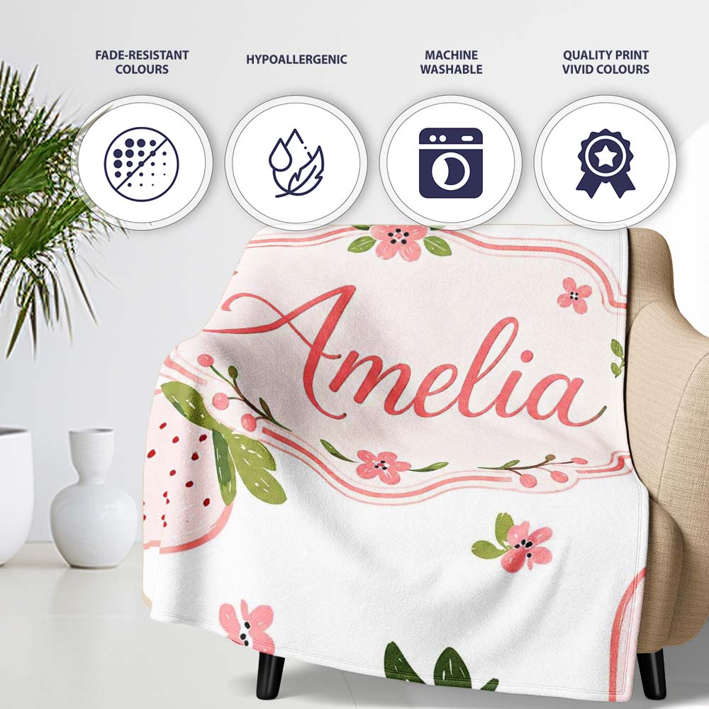 Cute Strawberry Minimal Floral Soft Seamless Pattern Name Unique  Personalised Custom Name Super Soft Fleece Blanket Bed Sofa Throw