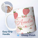Personalized Custom Name Cute Strawberry Minimal Floral Soft Seamless Pattern Name Unique 11oz Ceramic Coffee Tea Mug White Large Handle